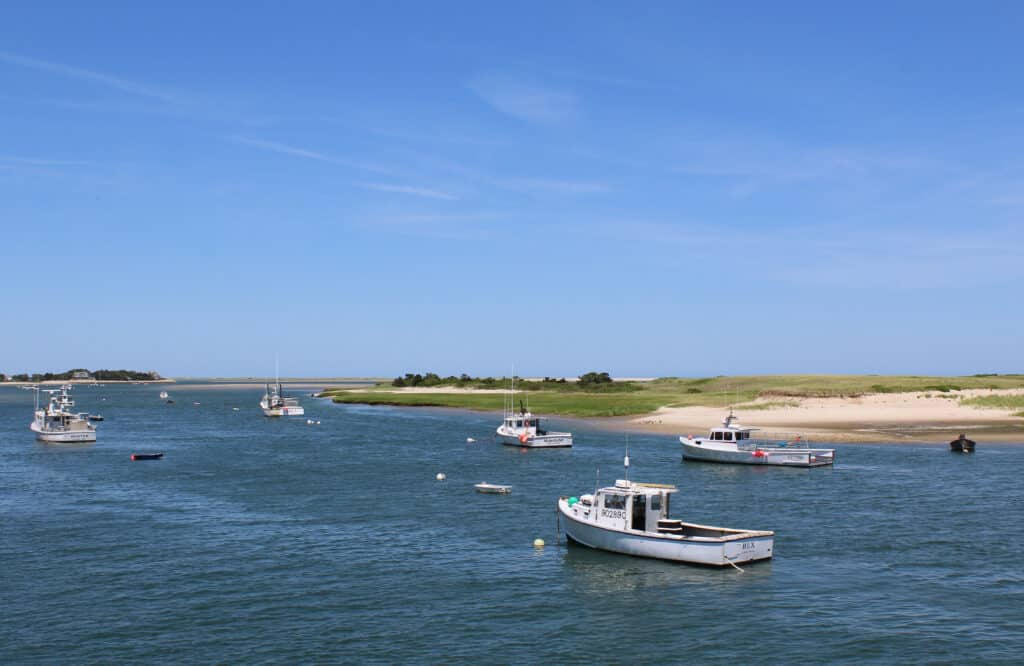 A calm waterway with several fishing boats and a sandy shore under a clear blue sky.