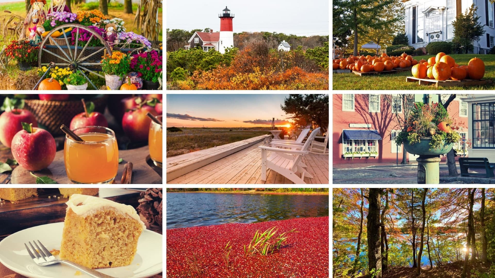 A collage showcasing autumn scenes, including flowers, a lighthouse, pumpkins, apples, a dock, and vibrant fall foliage.