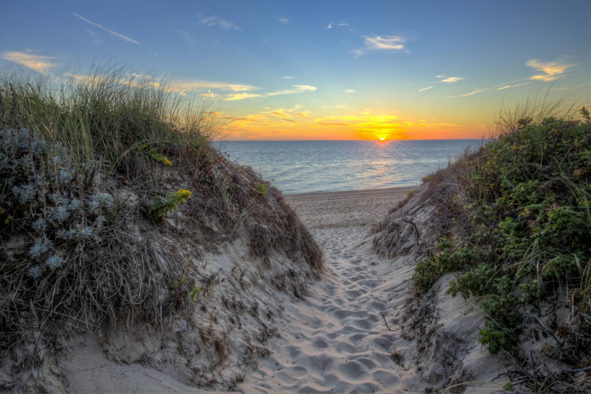 A sandy path framed by grass leads to a tranquil beach and sunset over the ocean.