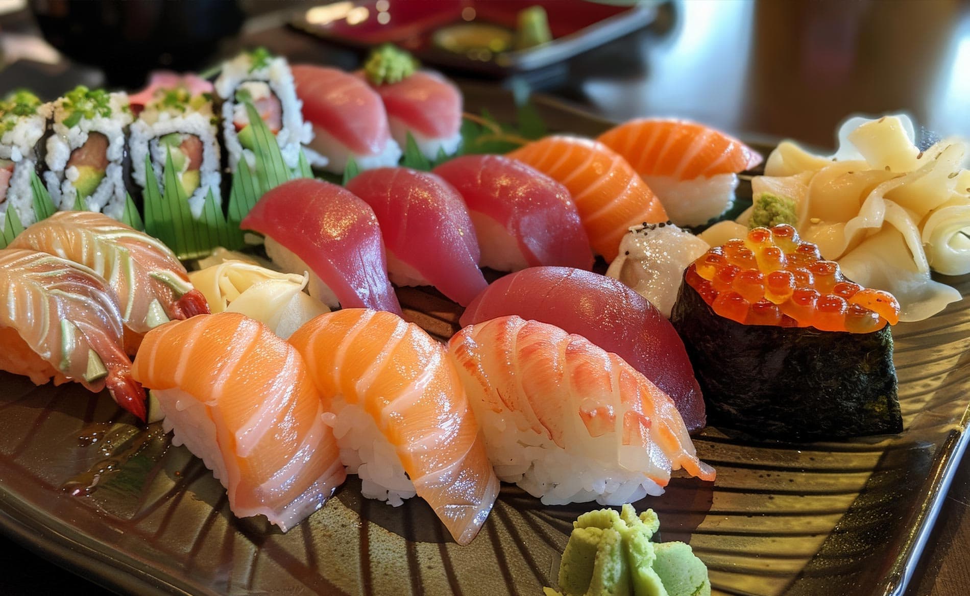 A variety of sushi including nigiri, rolls, and sashimi arranged on a dark plate.
