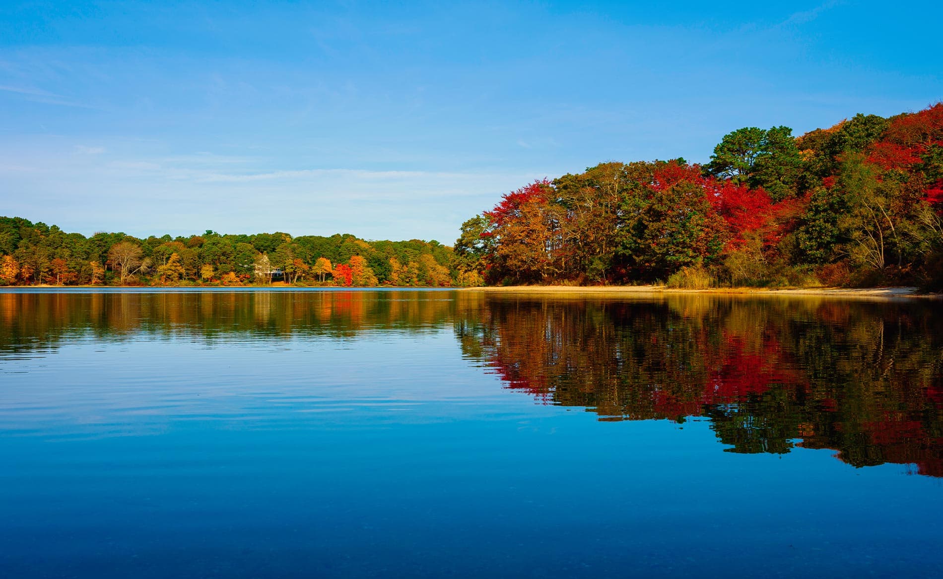 A serene lake reflects autumn-colored trees beneath a clear blue sky. A serene lake reflects autumn-colored trees beneath a clear blue sky.
