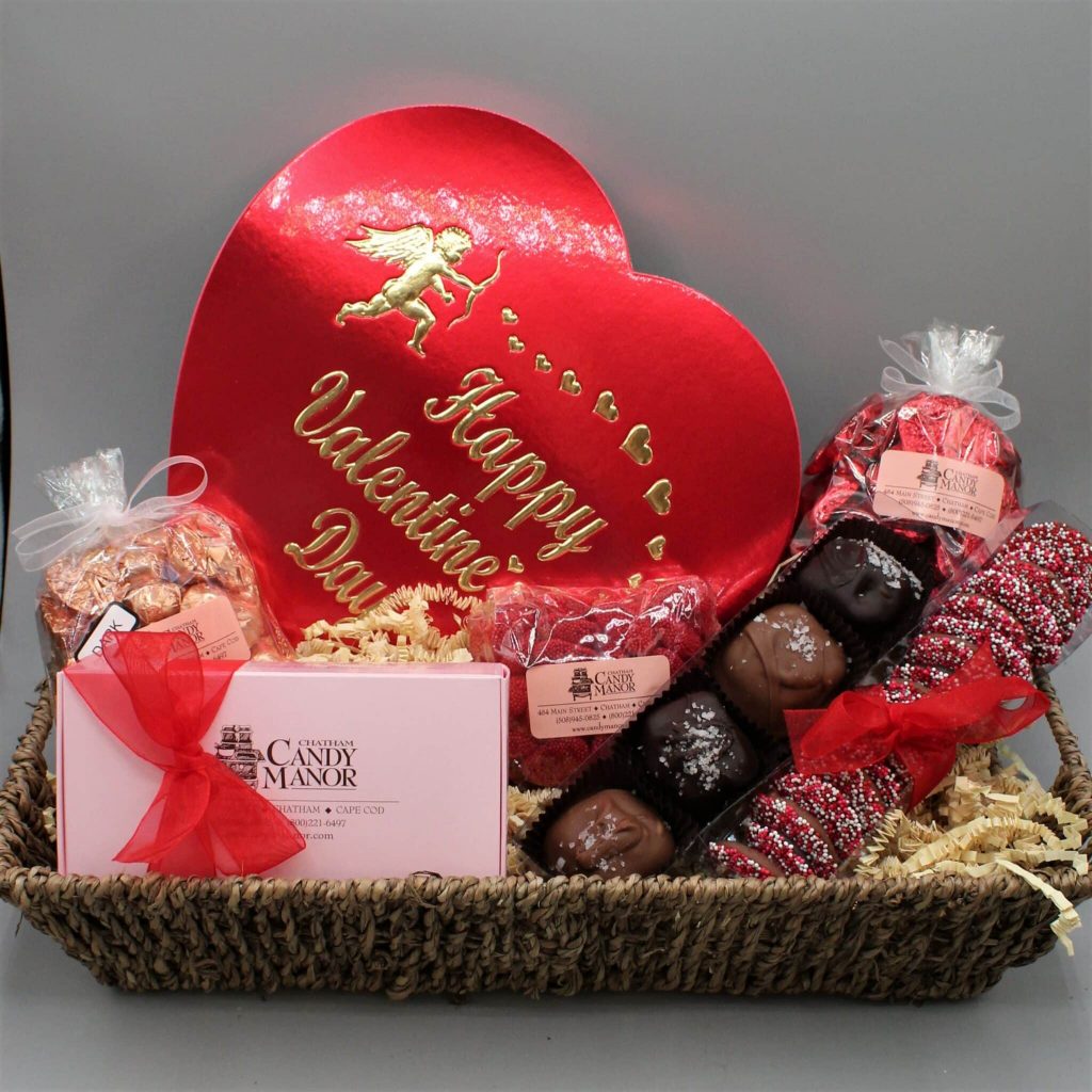 Candy Basket for Valentine's Day with red box of chocolates