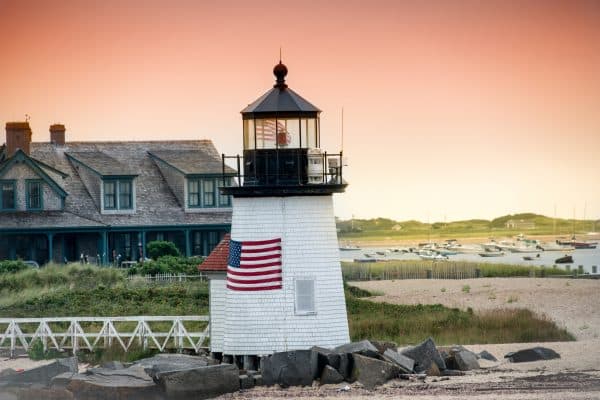 Nantucket Lighthouse at sunset on the beach