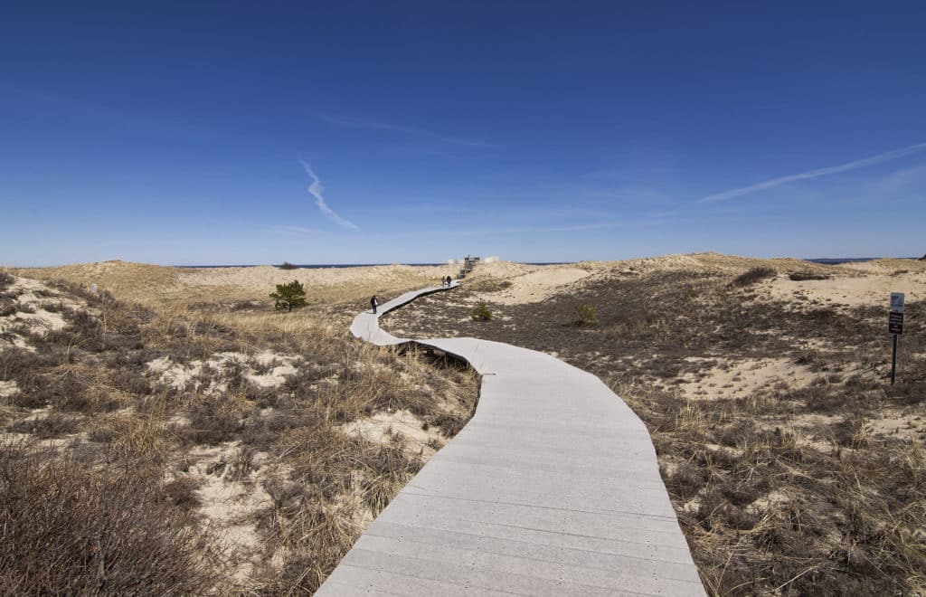 Group of people hiking the wooden walkway at Cape Cod in Massachusetts