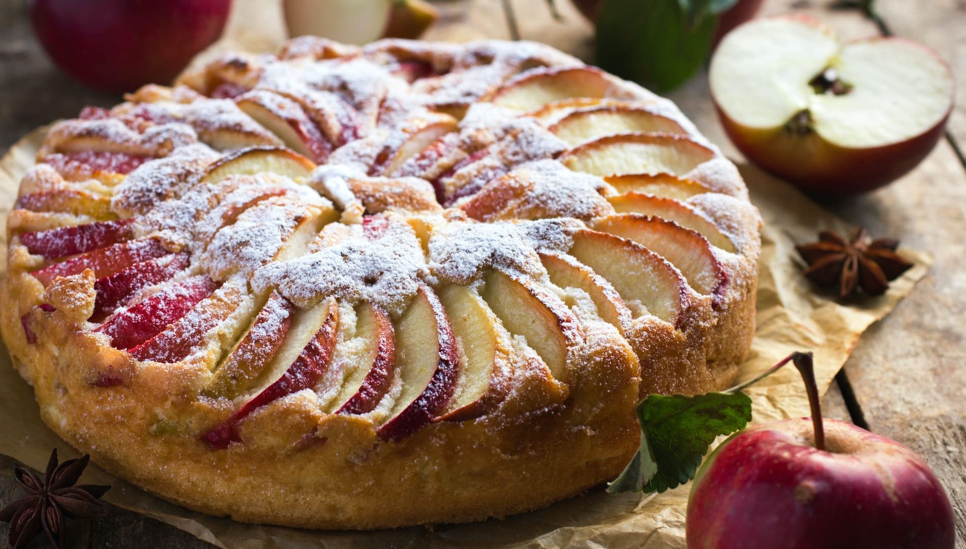 apple cake on rustic background