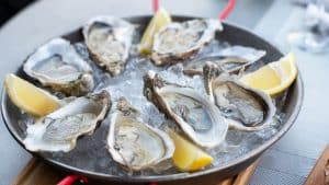 Oysters on a plate over ice decorated with lemon wedges 