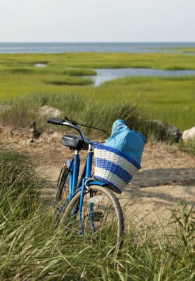 Blue bicycle with blue and white striped basket parked on a sandy path surrounded by beach grass