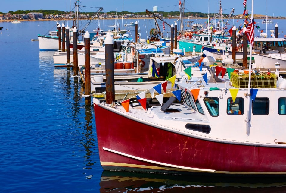 Marina with several colorful fishing boats docked in slips