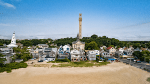 Aerial view of Provincetown Pilgrim Monument and Downtown Area 