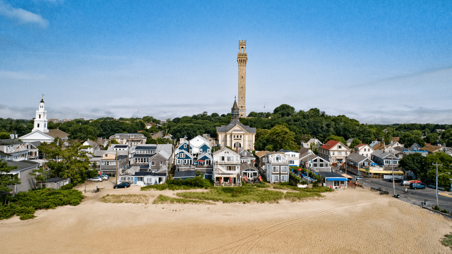 Aerial view of Provincetown Pilgrim Monument and Downtown Area